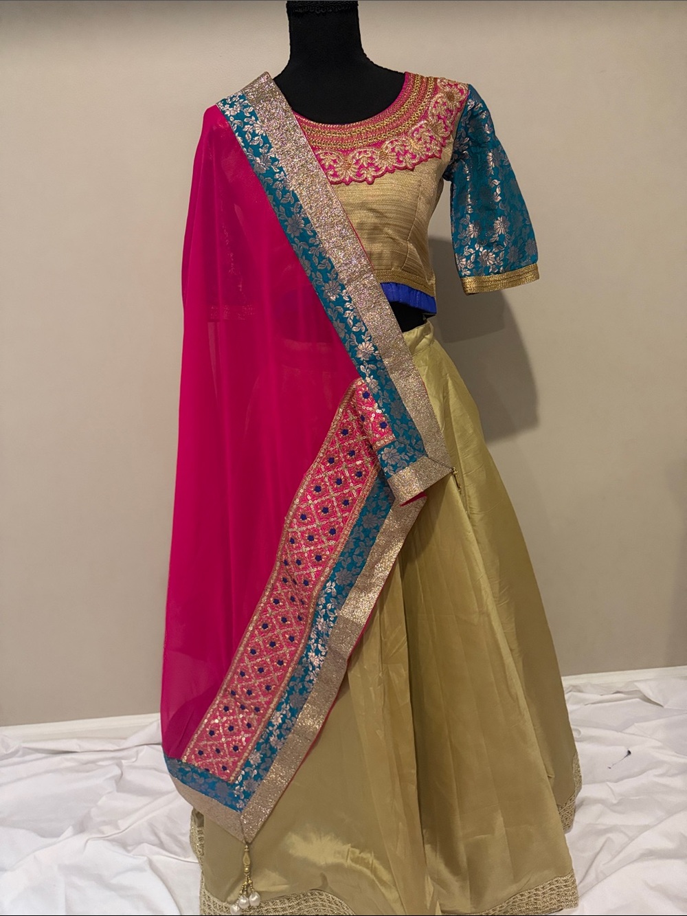 Gold and Pink Traditional Women's Lehenga Skirt Set with Blue Accents